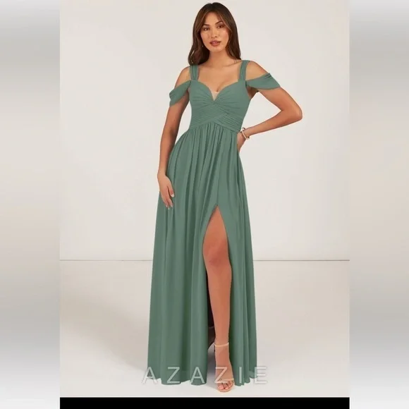 NEW Azazie Womens Bridesmaid Dress Lianne Jungle Green Long Chiffon Size A6 NWT - Picture 1 of 11